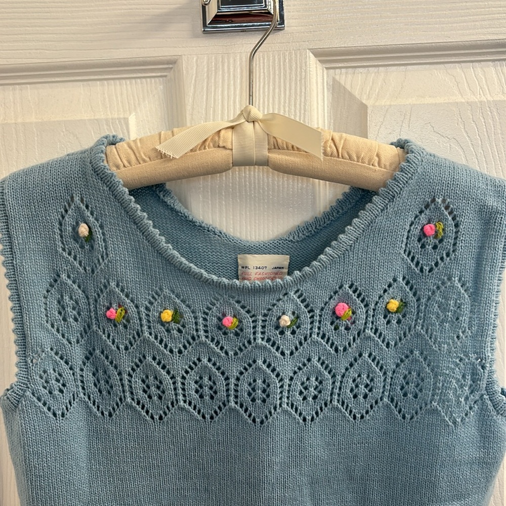 Vintage JAPAN Hand Embroidered Sweater Vest Blue w/Flowers - M